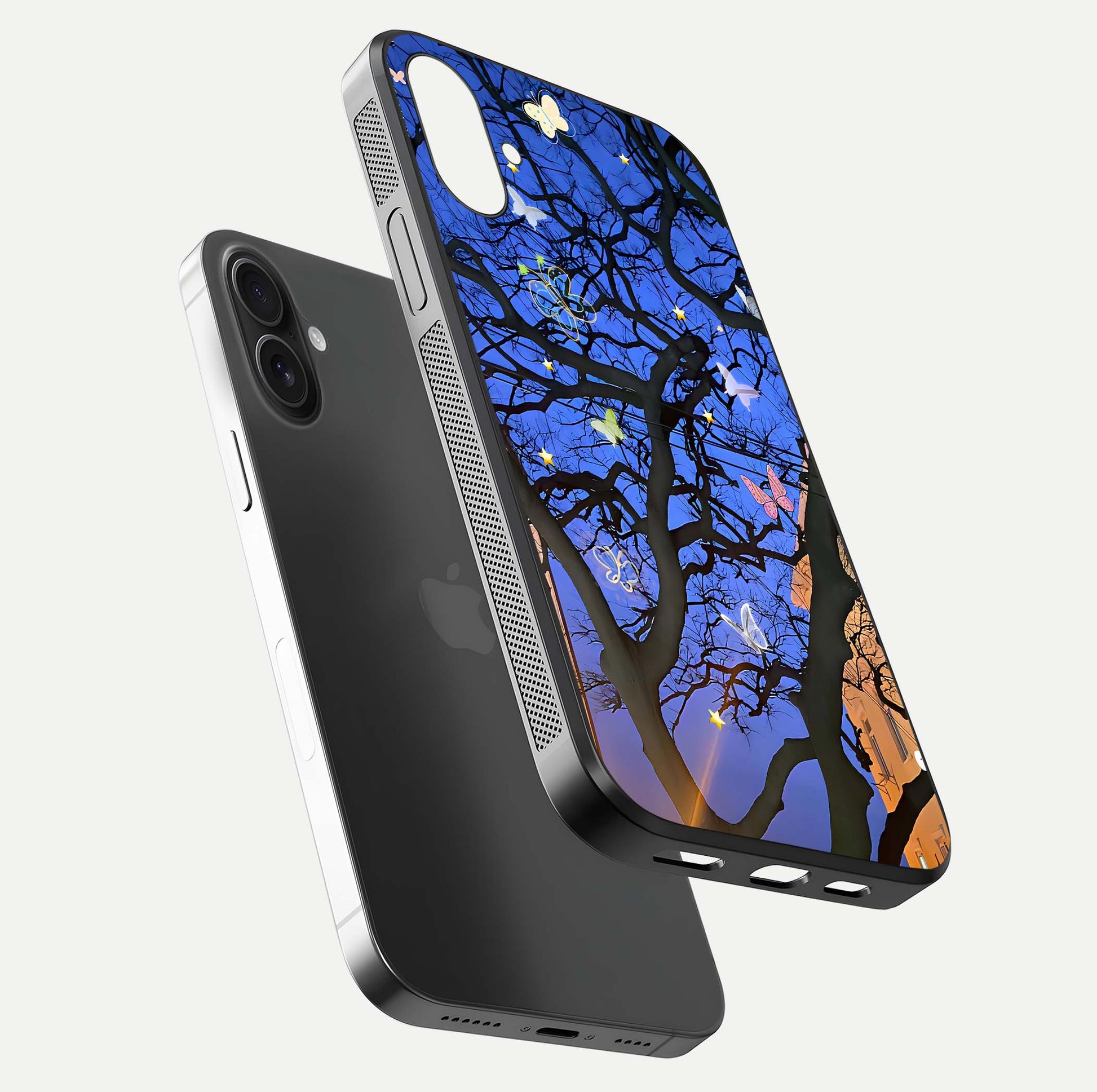 Butterfly Night Magic Glass Case for iPhone 16 floating mockup showing night glow and smooth polish