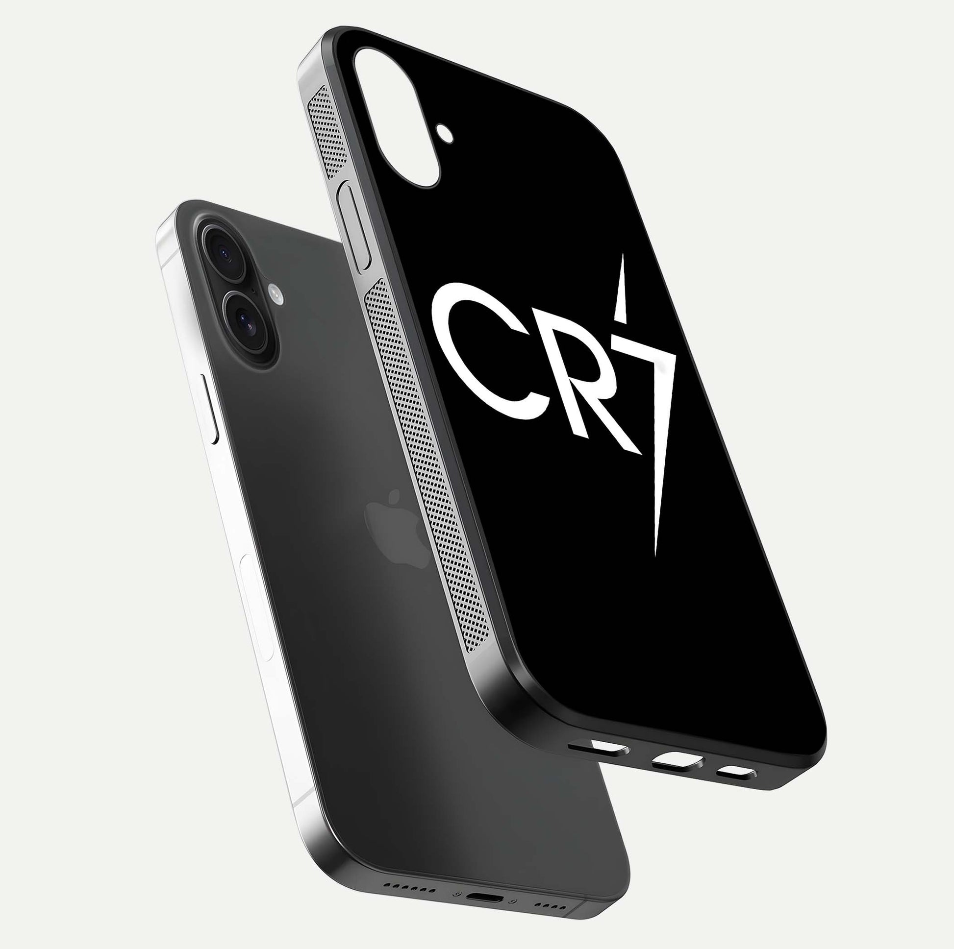 CR7 Elite Strike Glass Case for iPhone 16 floating mockup displaying HD gloss and sporty texture
