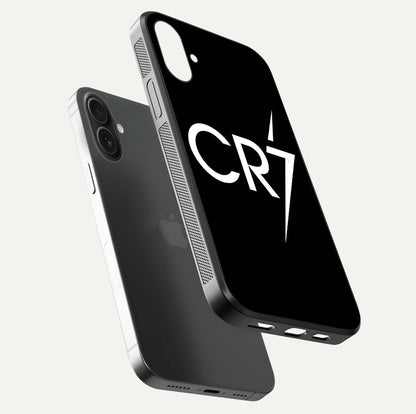 CR7 Elite Strike Glass Case for iPhone 16 floating mockup displaying HD gloss and sporty texture
