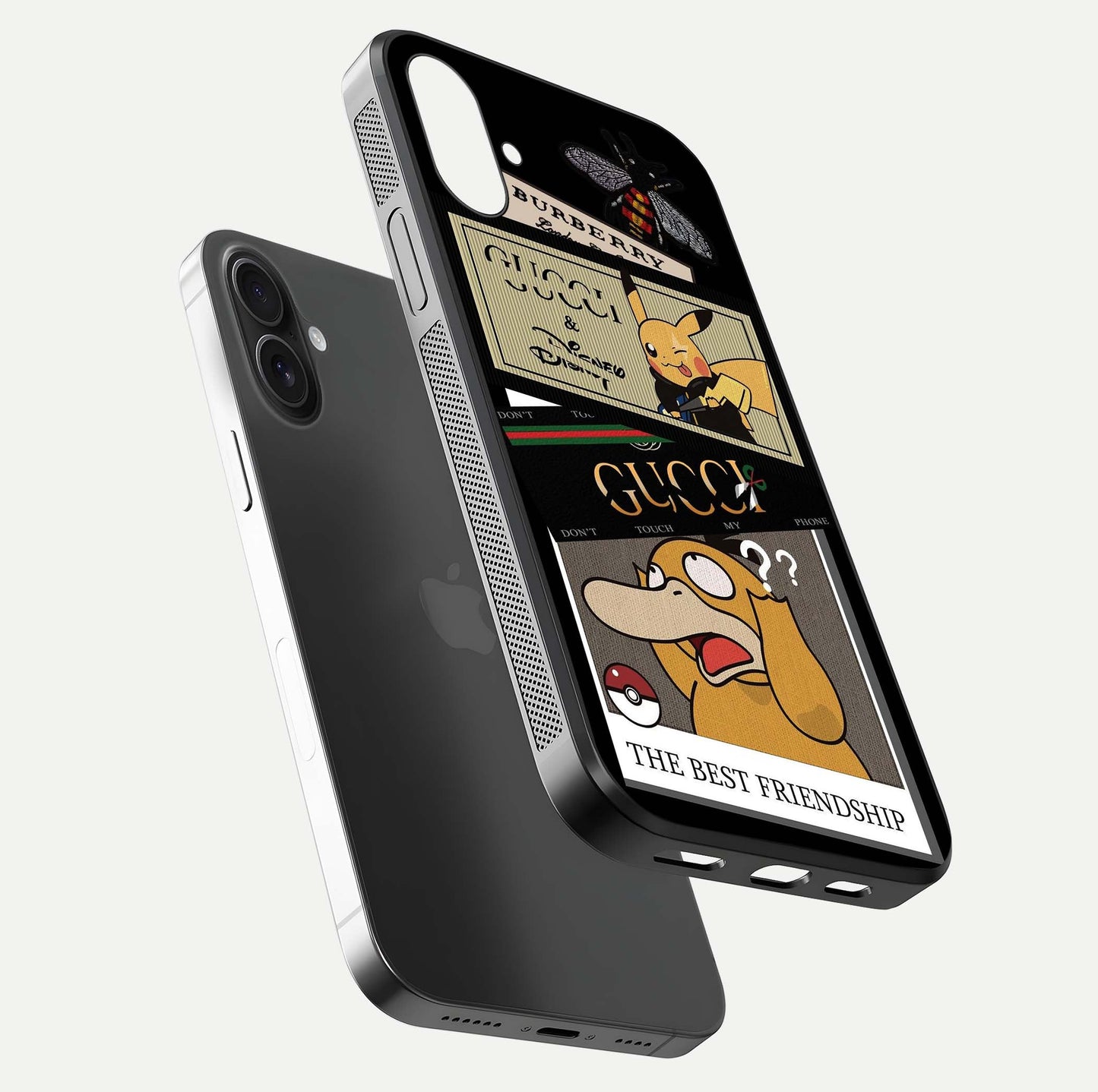 Cartoon Brand Play Mashup Glass Case for iPhone 16 floating dual-view mockup showing gloss surface and vivid reflection