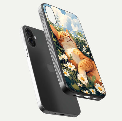Cat & Flowers View Glass Case for iPhone 16 floating mockup showing design reflection and protective edges