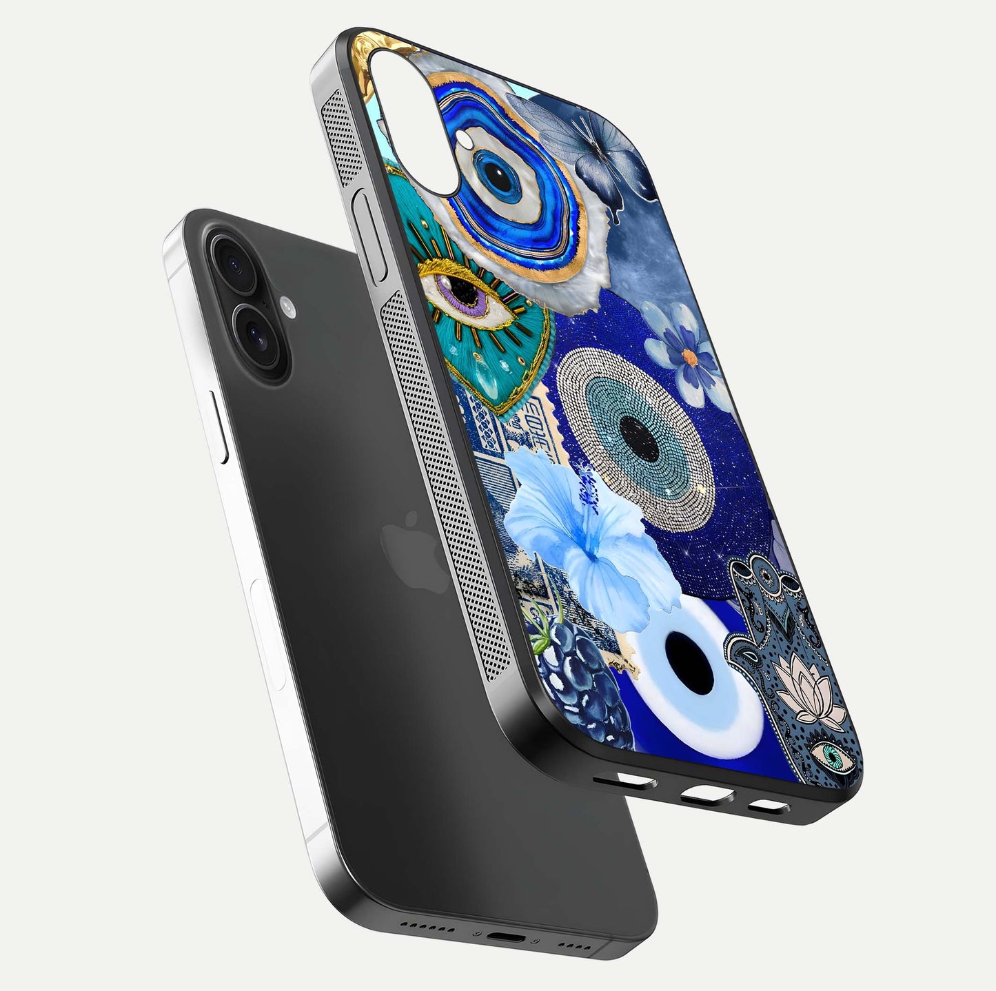 Celestial Blue Vision Glass Case for iPhone 16 floating mockup showing gloss depth and night-sky pattern