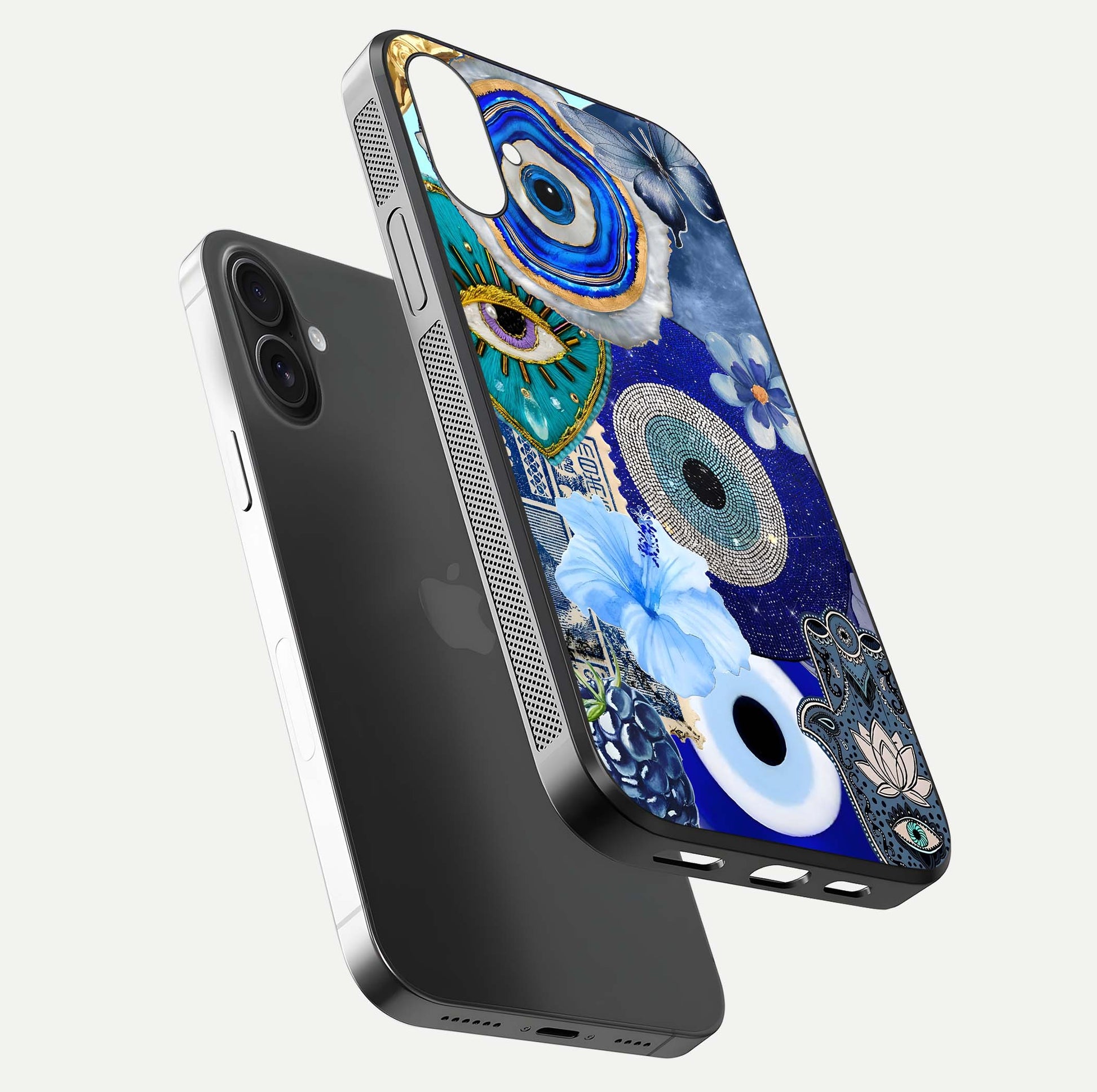 Celestial Blue Vision Glass Case for iPhone 16 floating mockup showing gloss depth and night-sky pattern