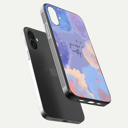 Celestial Cloud Magic Glass Case for iPhone 16 floating mockup displaying cloud aura and HD finish