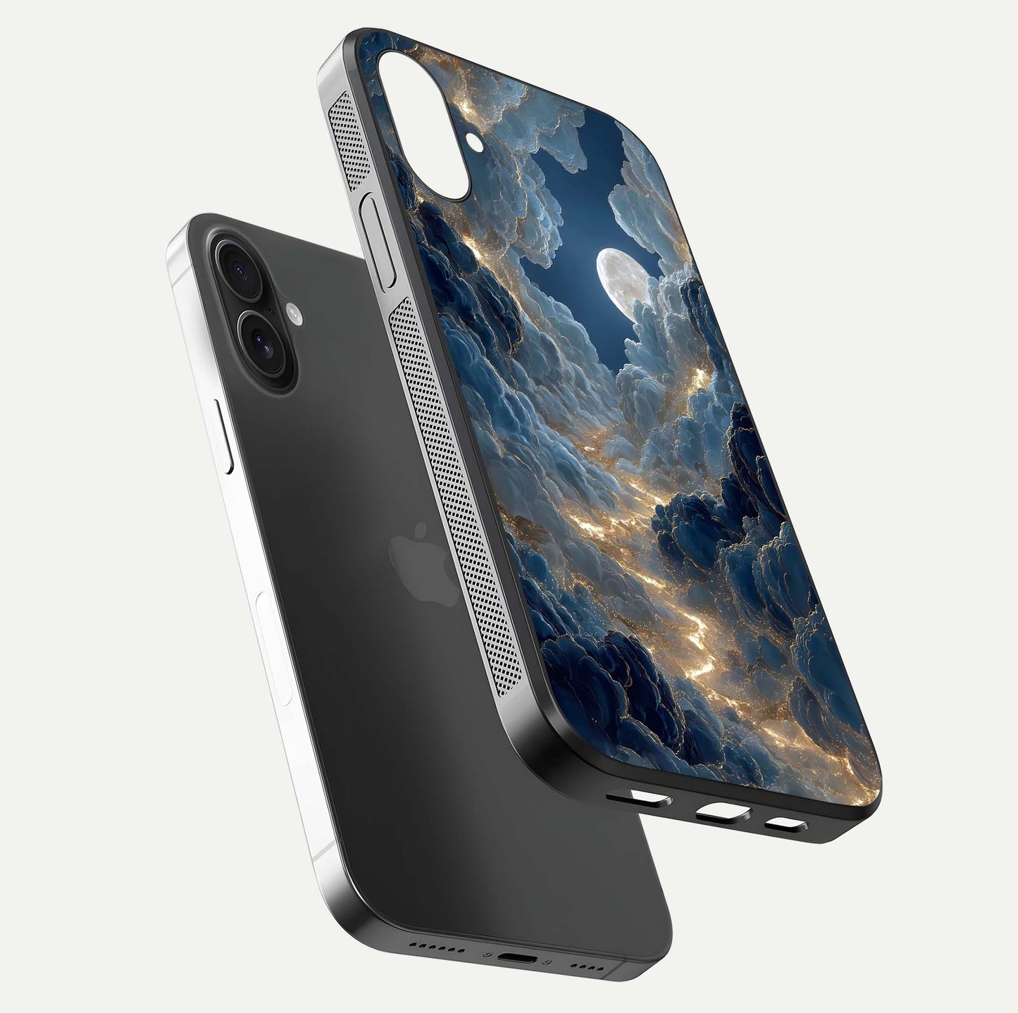 Celestial Cloud Road Glass Case for iPhone 16 floating mockup capturing glowing horizon and HD gloss