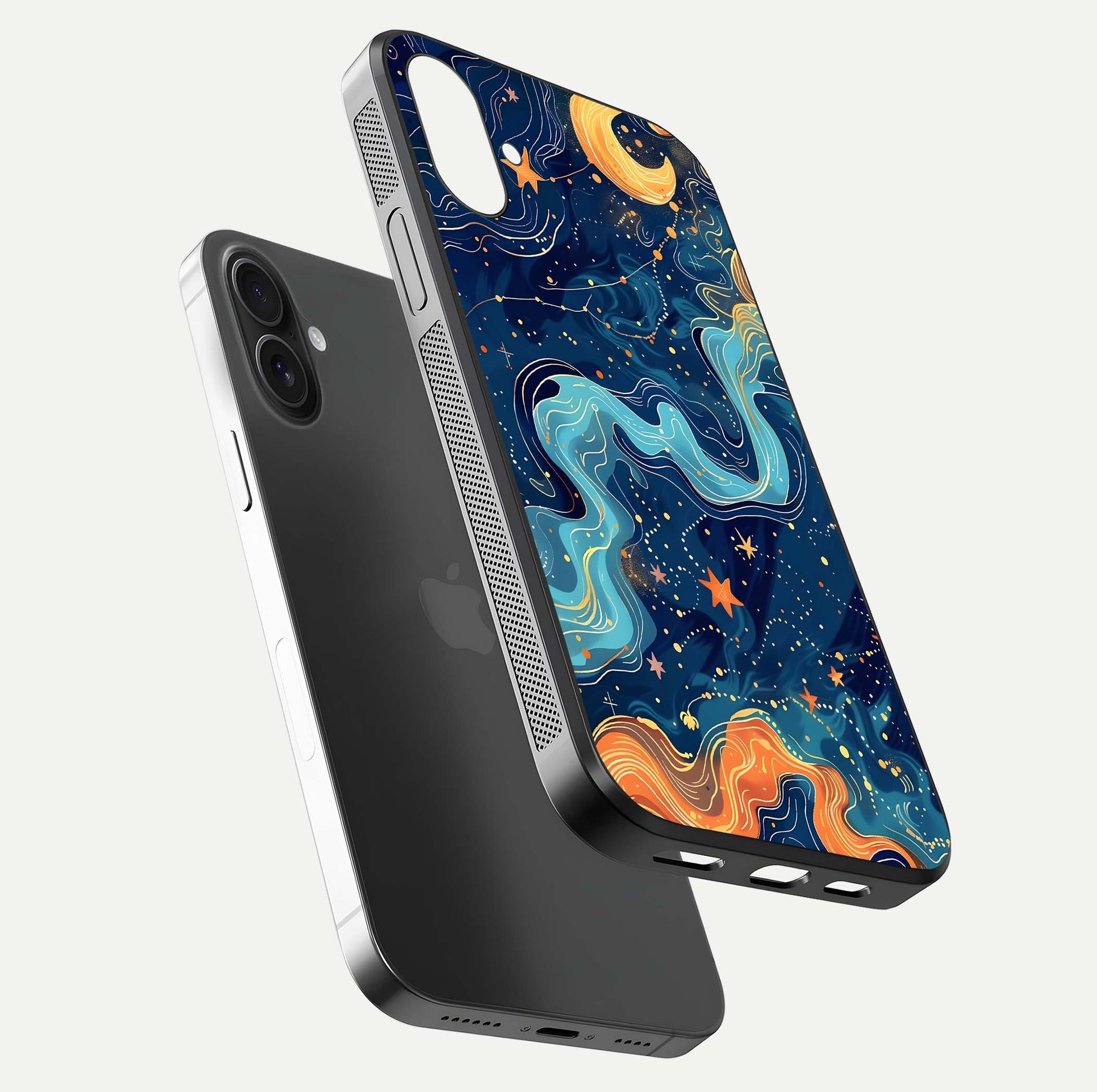 Celestial Dream Flow Glass Case for iPhone 16 floating mockup displaying gloss shimmer and artistic composition