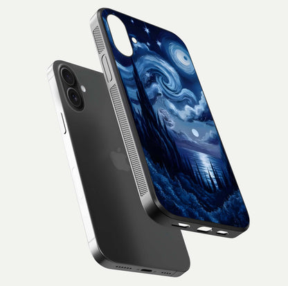 Celestial Dream Van Gogh Glass Case for iPhone 16 floating mockup highlighting cosmic tones and smooth gloss