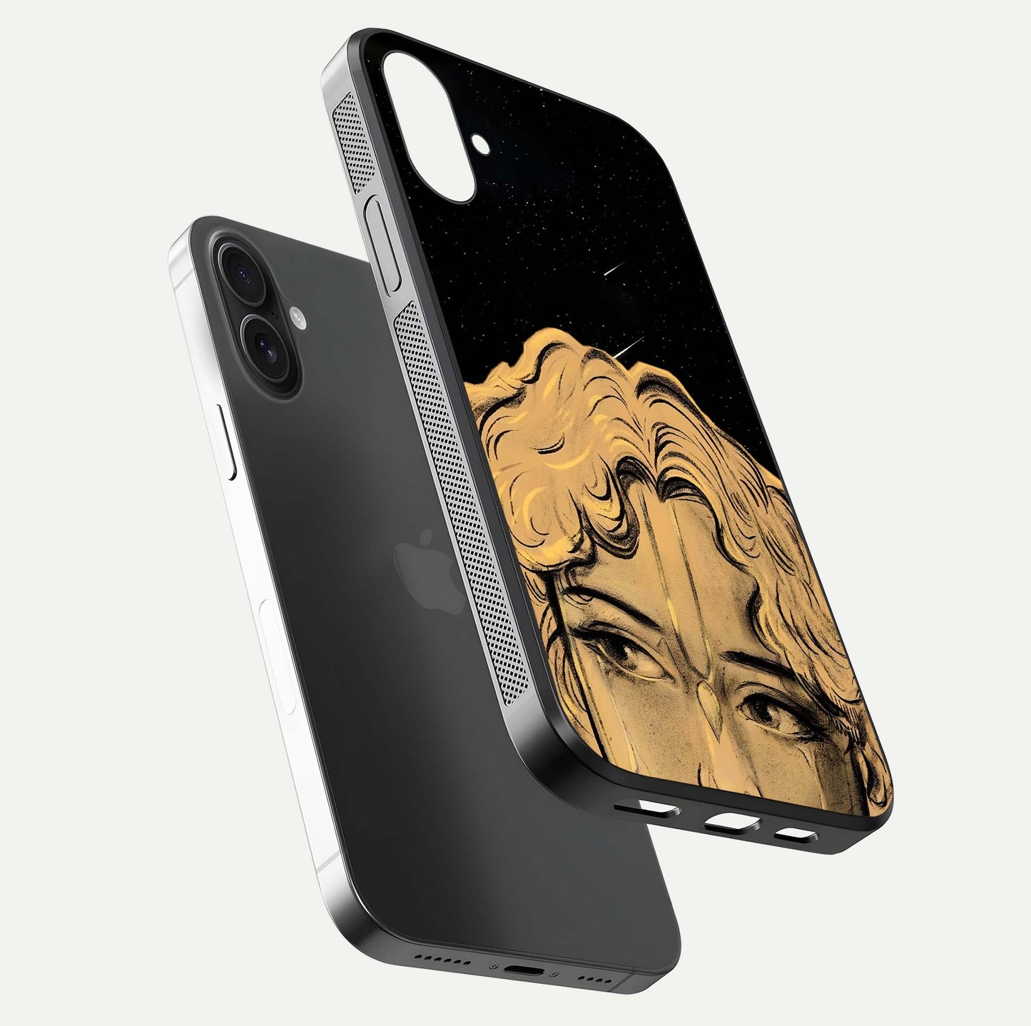 Celestial God’s Plan Glass Case for iPhone 16 floating dual-view mockup displaying gloss surface and vivid print