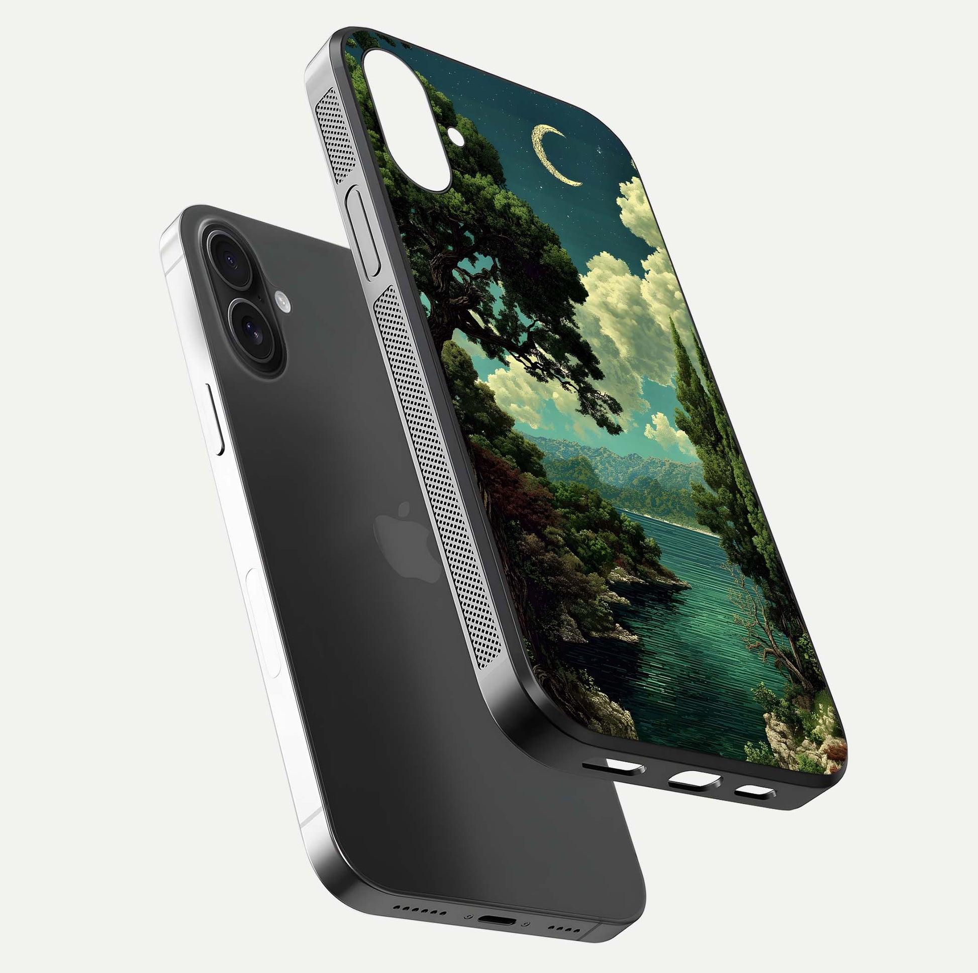 Celestial Lake Peace Glass Case for iPhone 16 floating mockup capturing calm tones and smooth polish