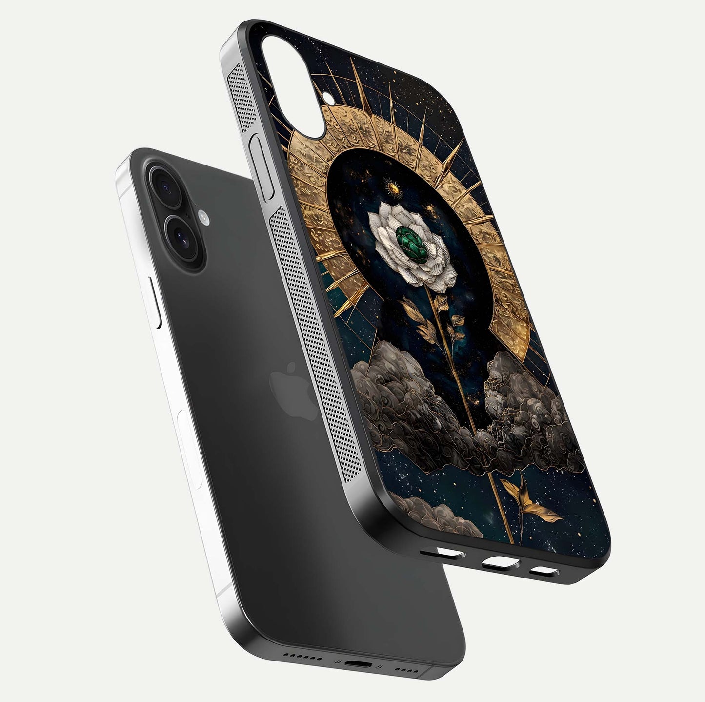 Celestial Lotus Morang Glass Case for iPhone 16 floating mockup showing gloss depth and cosmic lotus glow