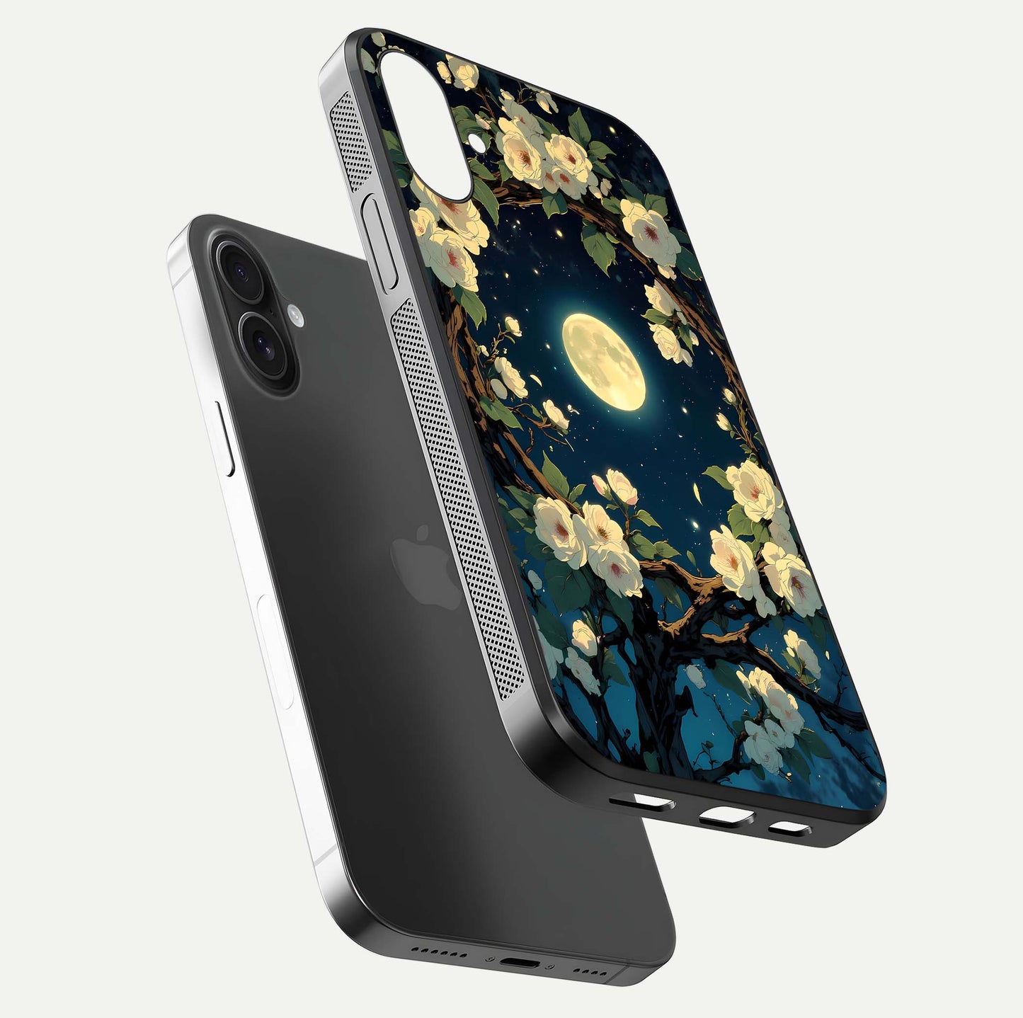 Celestial Moon & Flower Glass Case for iPhone 16 floating mockup emphasizing HD shine and delicate texture