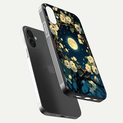 Celestial Moon & Flower Glass Case for iPhone 16 floating mockup emphasizing HD shine and delicate texture