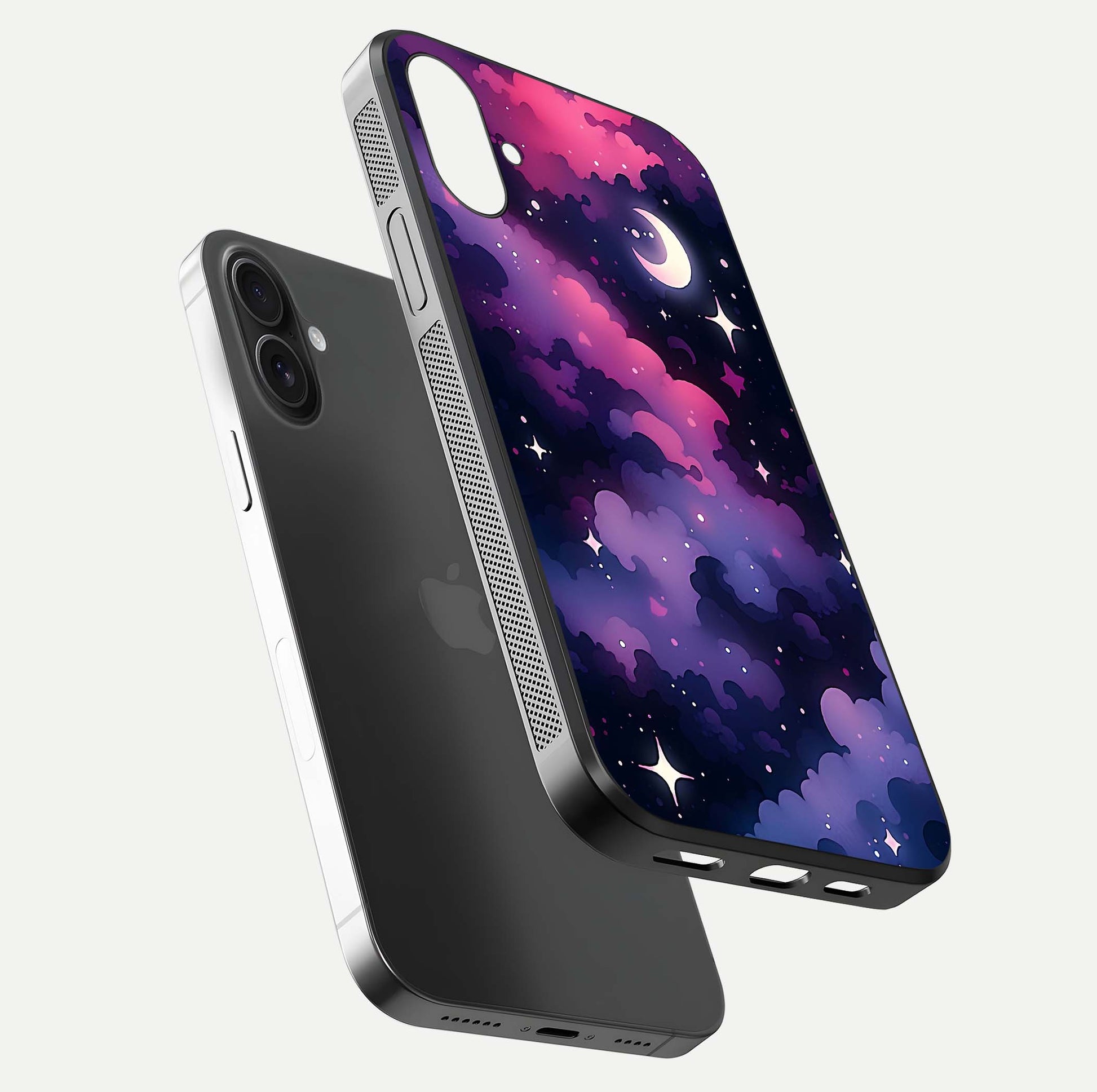 Celestial Moon Magic Glass Case for iPhone 16 floating mockup showing reflection gradient and smooth polish