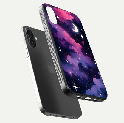 Celestial Moon Magic Glass Case for iPhone 16 floating mockup showing reflection gradient and smooth polish