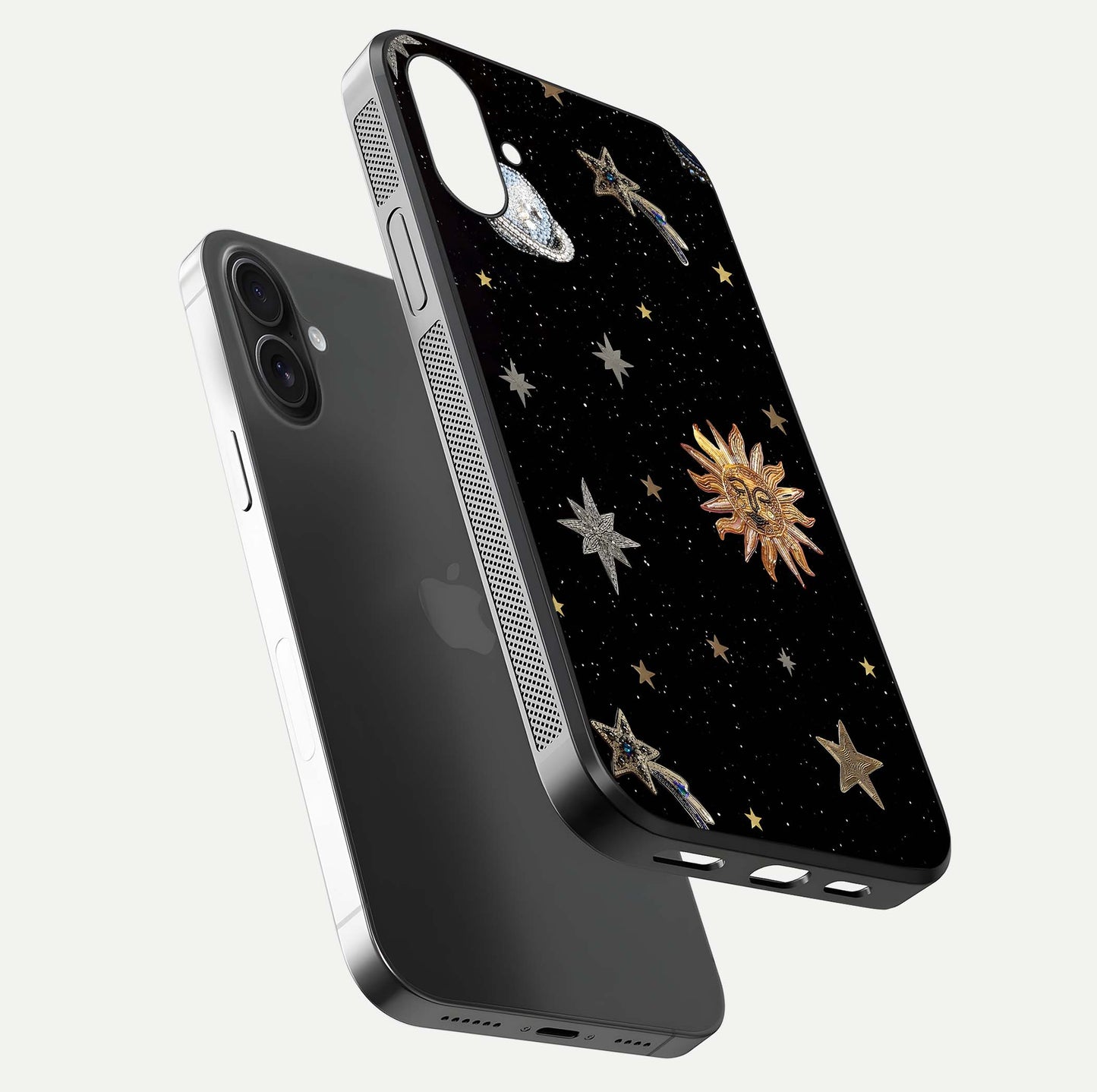 Celestial Moon With Stars Glass Case for iPhone 16 floating mockup emphasizing star depth and gloss clarity