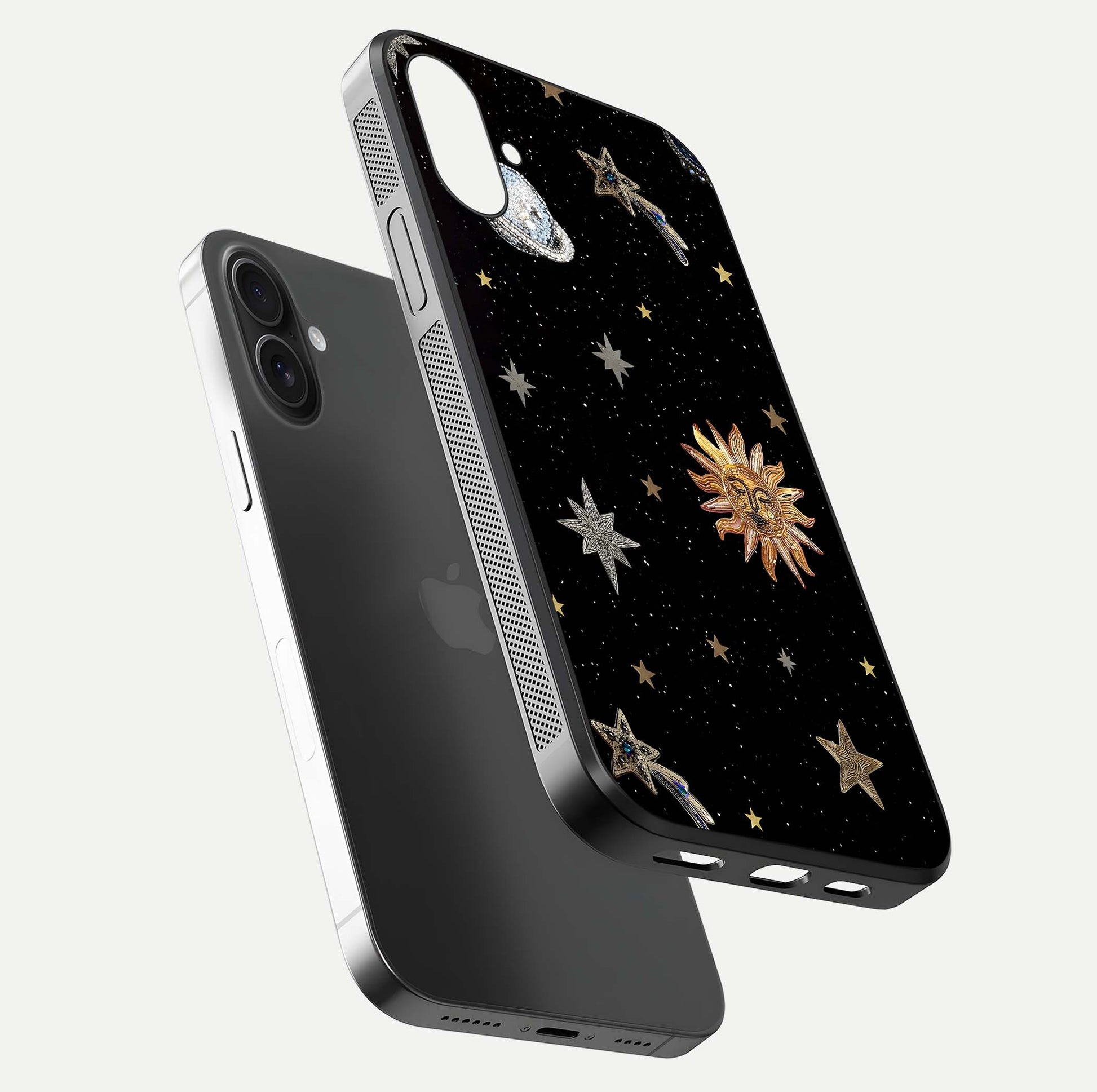 Celestial Moon With Stars Glass Case for iPhone 16 floating mockup emphasizing star depth and gloss clarity