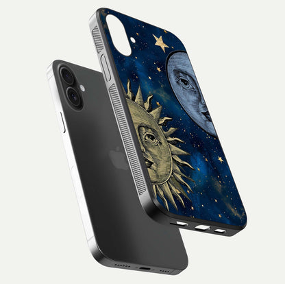 Celestial Moon With Sun Glass Case for iPhone 16 floating mockup displaying vibrant contrast and HD gloss