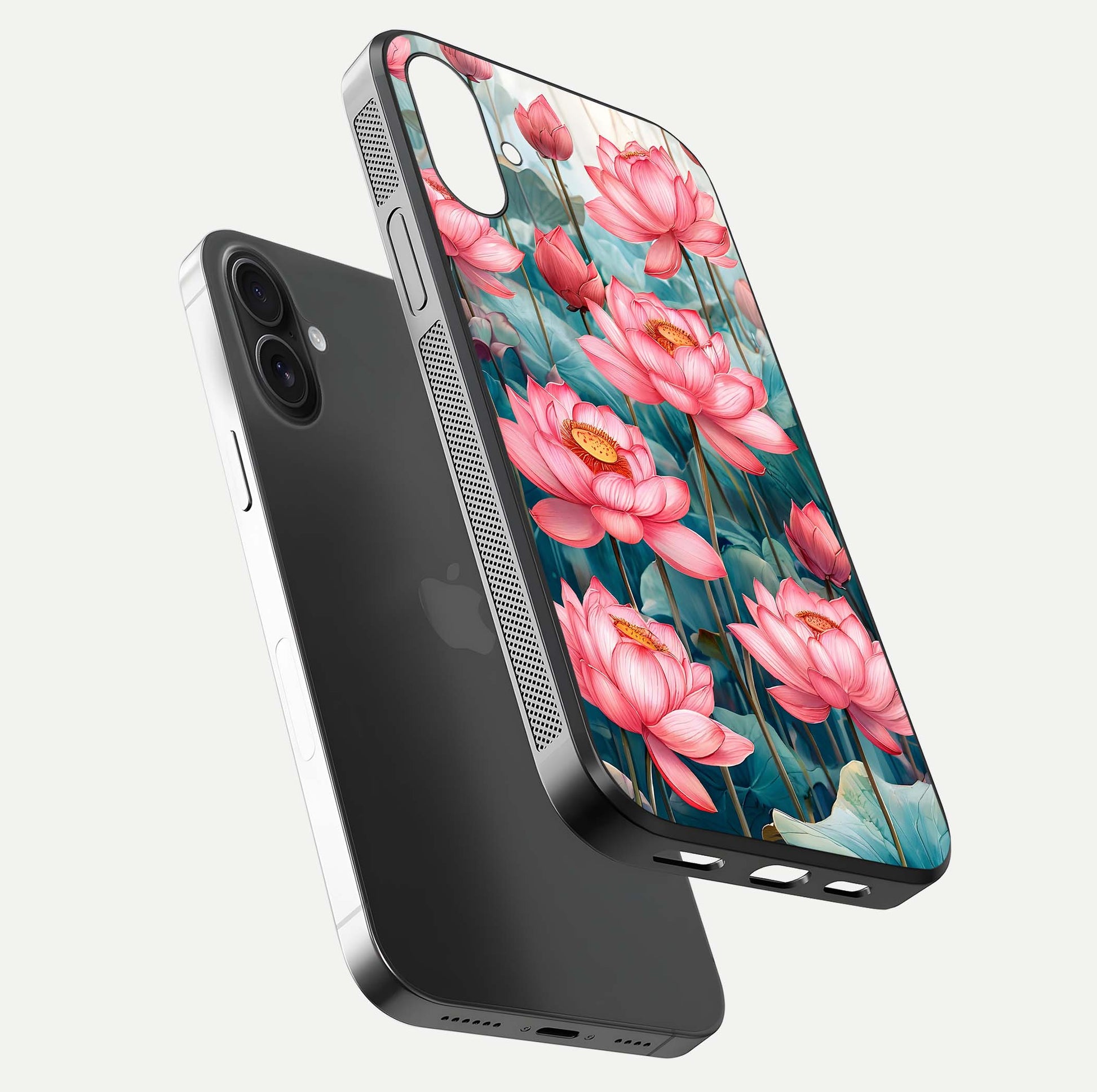 Celestial Pink Lotus Glass Case for iPhone 16 floating mockup displaying cosmic tone and gloss surface