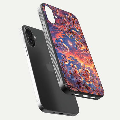 Celestial Sakura Sunset Glass Case for iPhone 16 floating mockup capturing sunset hue and smooth gloss
