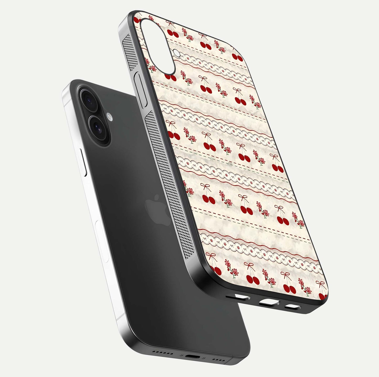 Cherry Bloom Charm Glass Case for iPhone 16 floating mockup showing bloom texture and polished gloss