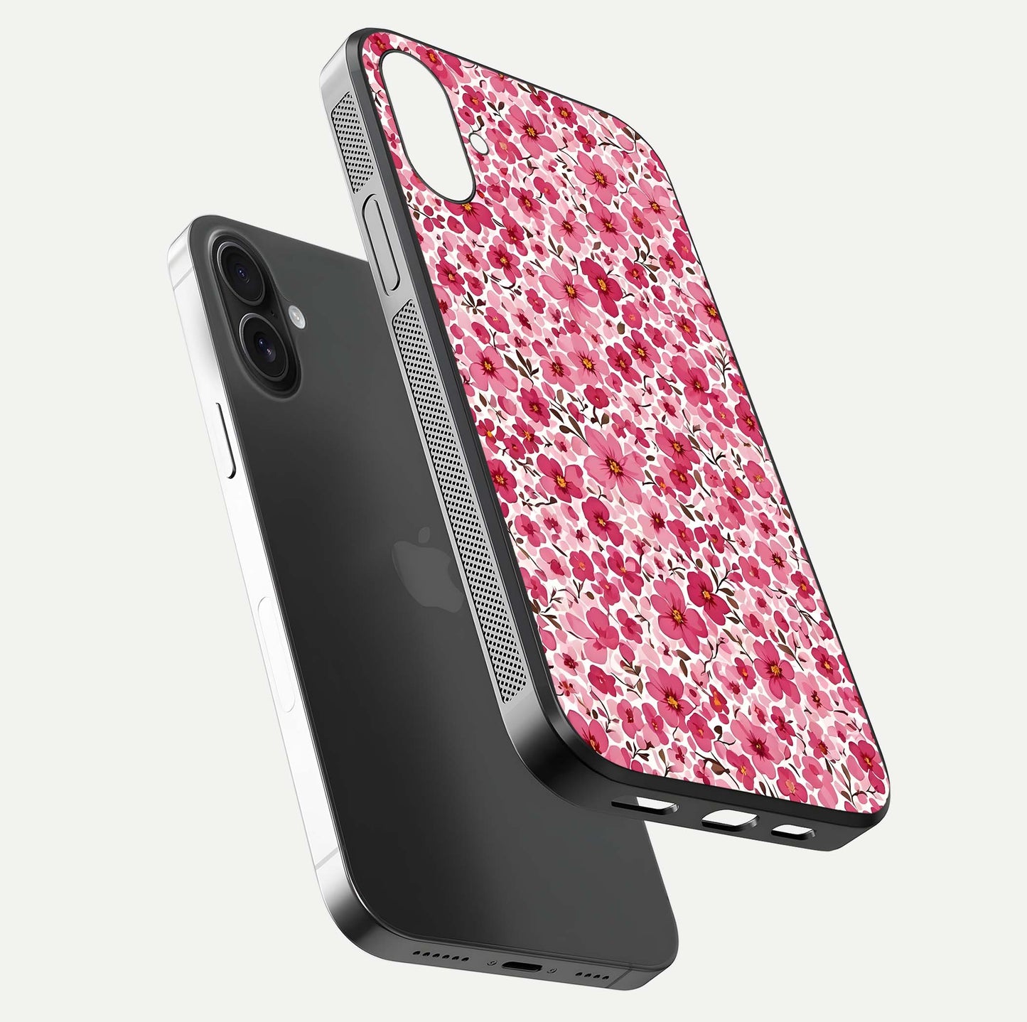Cherry Blossom Charm Glass Case for iPhone 16 floating mockup displaying pink tone flow and polished edges