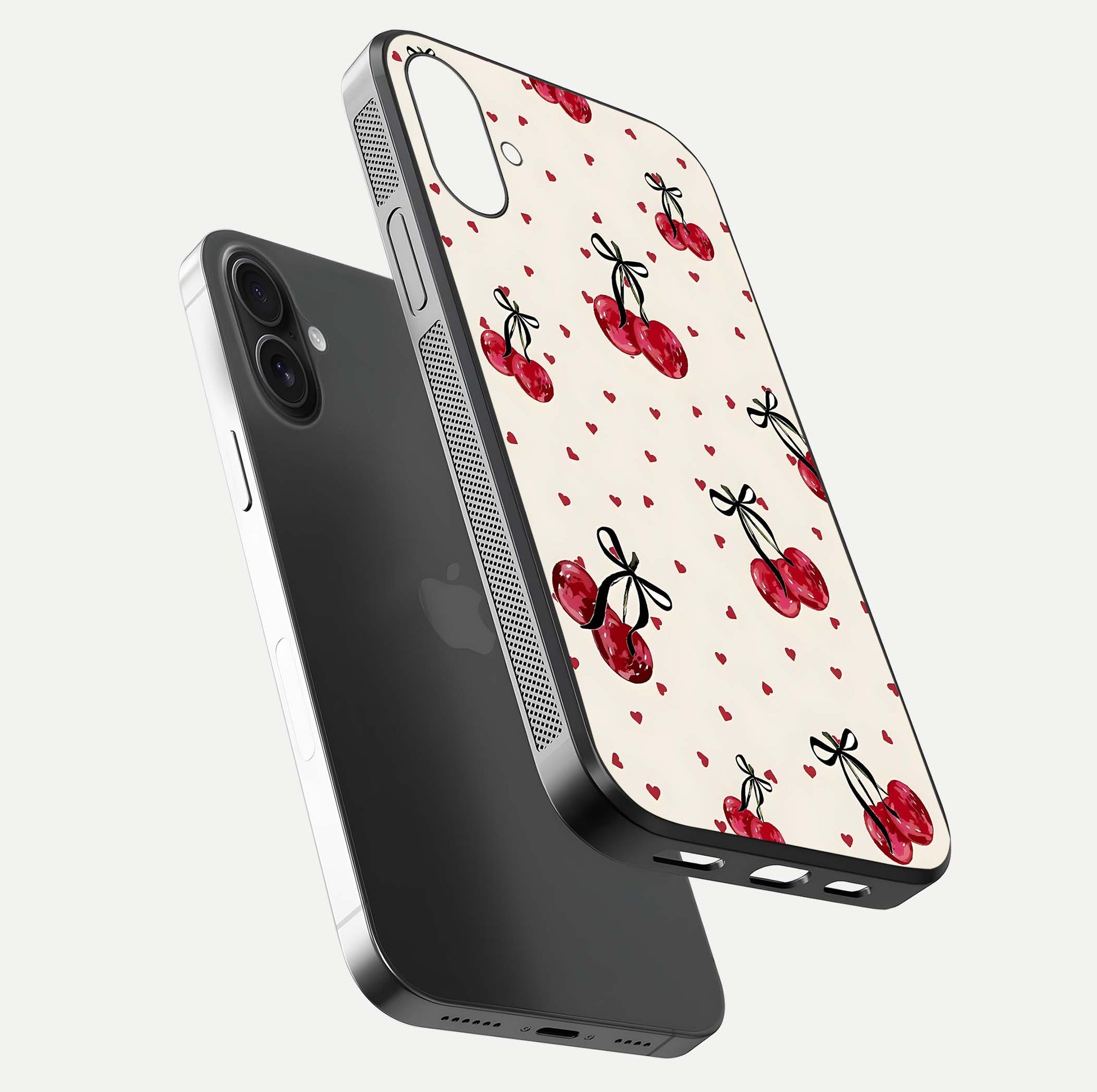 Cherry Heart Bow Glass Case for iPhone 16 floating mockup showing reflection and HD print detail