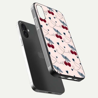 Cherry Heart Line Glass Case for iPhone 16 floating mockup showing gloss polish and bright tones