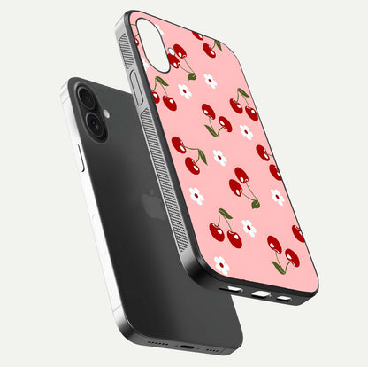 Cherry Love Mood Glass Case for iPhone 16 floating mockup showing HD gloss reflection and red tones