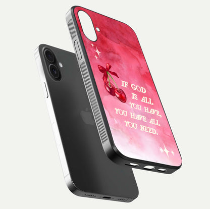 Cherry Quote Glass Case for iPhone 16 floating mockup capturing shine texture and clear typography