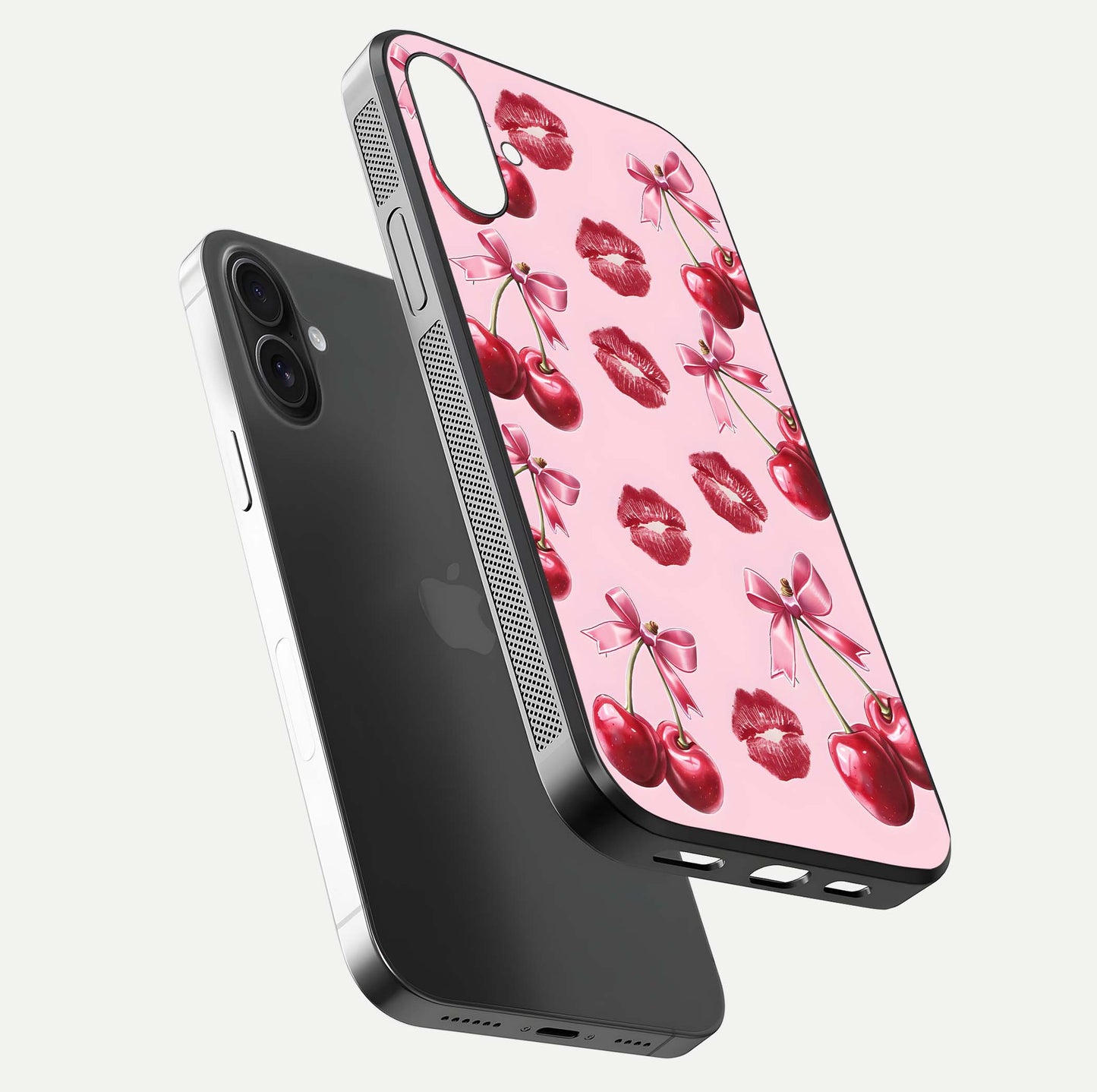 Cherry With Lips Glass Case for iPhone 16 floating mockup showing HD gloss and pop-art inspired tones