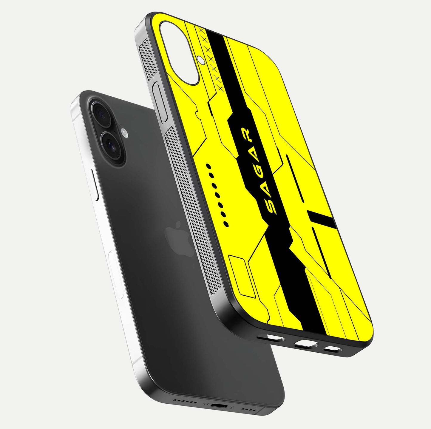 Circuit CYBERPUNK Custom Name Glass Case for iPhone 16 floating mockup capturing glow effects and polished shine