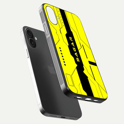 Circuit CYBERPUNK Custom Name Glass Case for iPhone 16 floating mockup capturing glow effects and polished shine