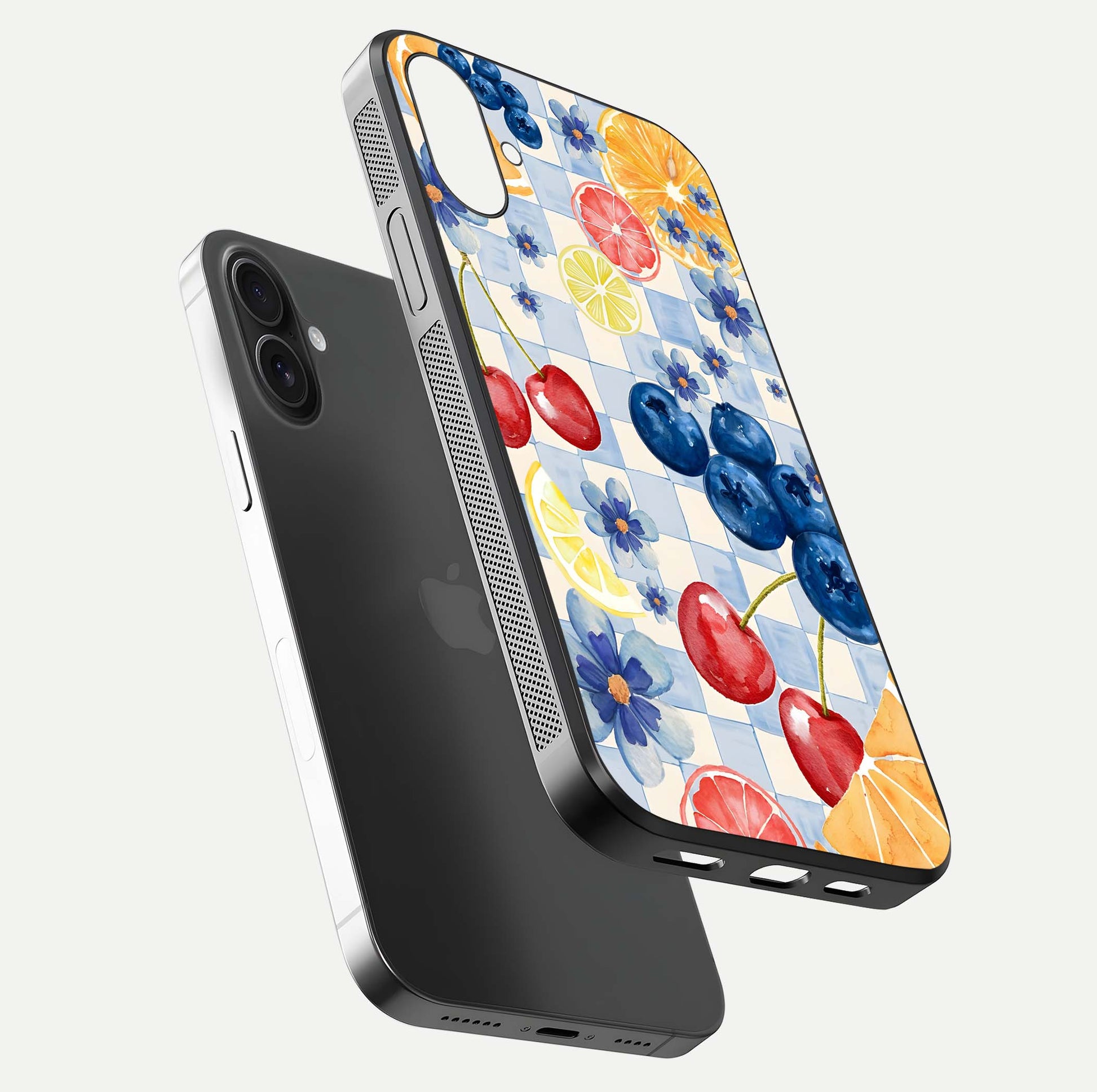 Citrus Bloom Joy Glass Case for iPhone 16 floating mockup showing HD gloss and lively tone
