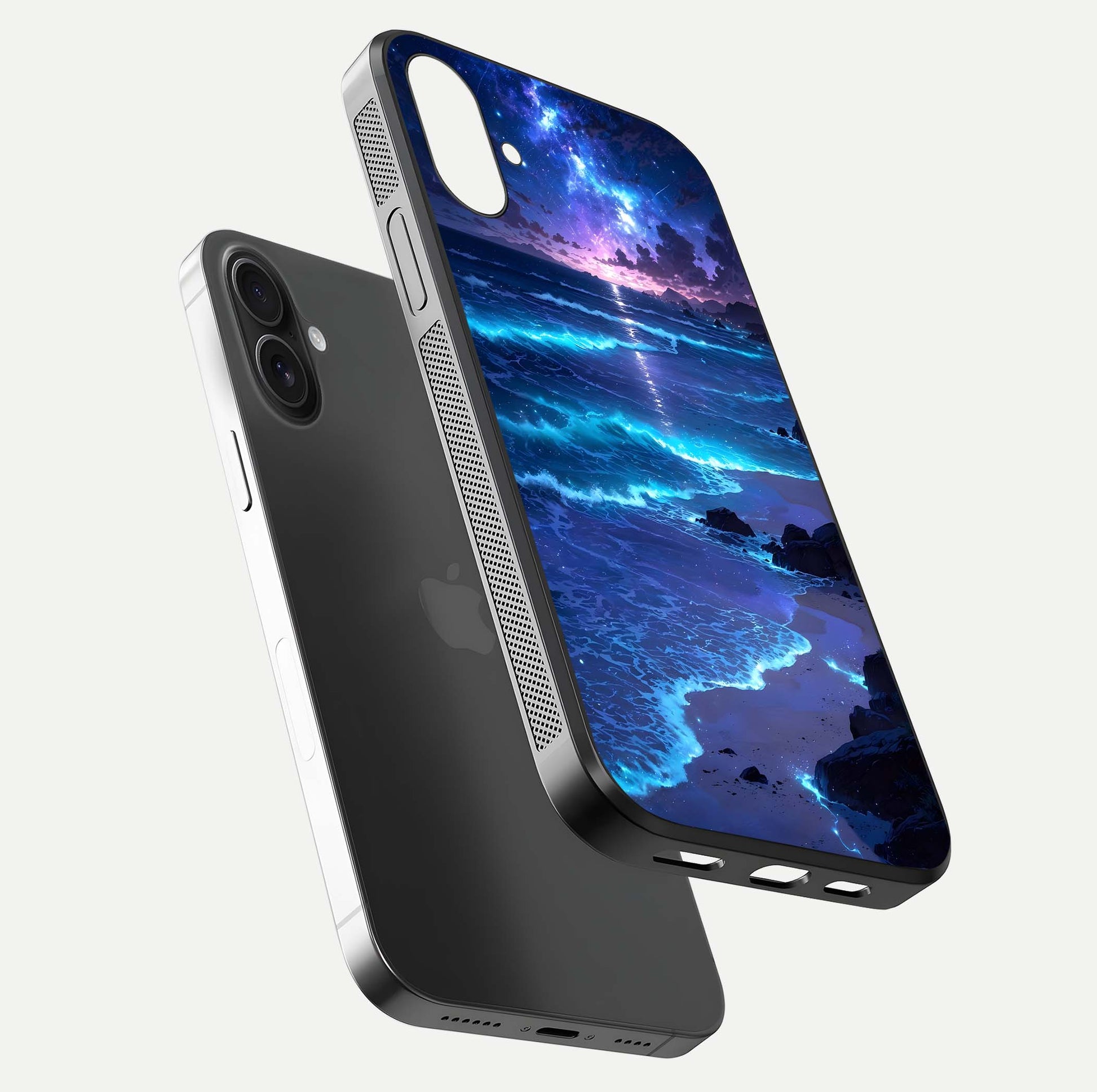 Classic Damn Look Glass Case for iPhone 16 floating mockup emphasizing HD gloss and stylish edges