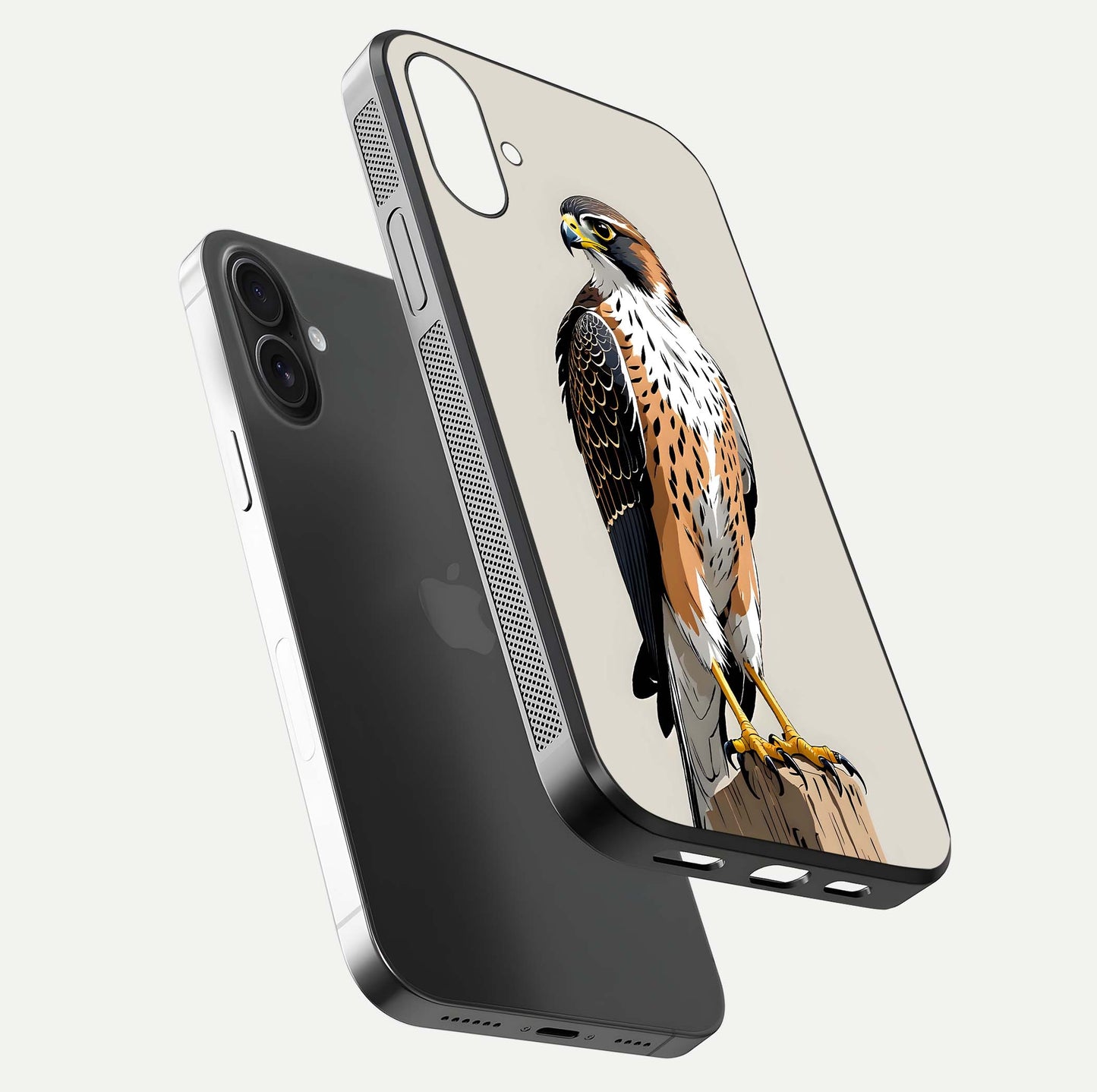 Clever Eagle Glass Case for iPhone 16 floating mockup displaying sharp gloss and art contrast