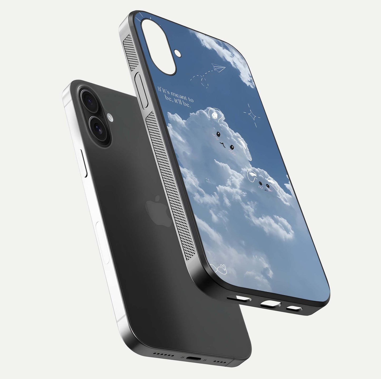 Cloud Bunny Dreams Glass Case for iPhone 16 floating mockup showing soft gradient and gloss reflection
