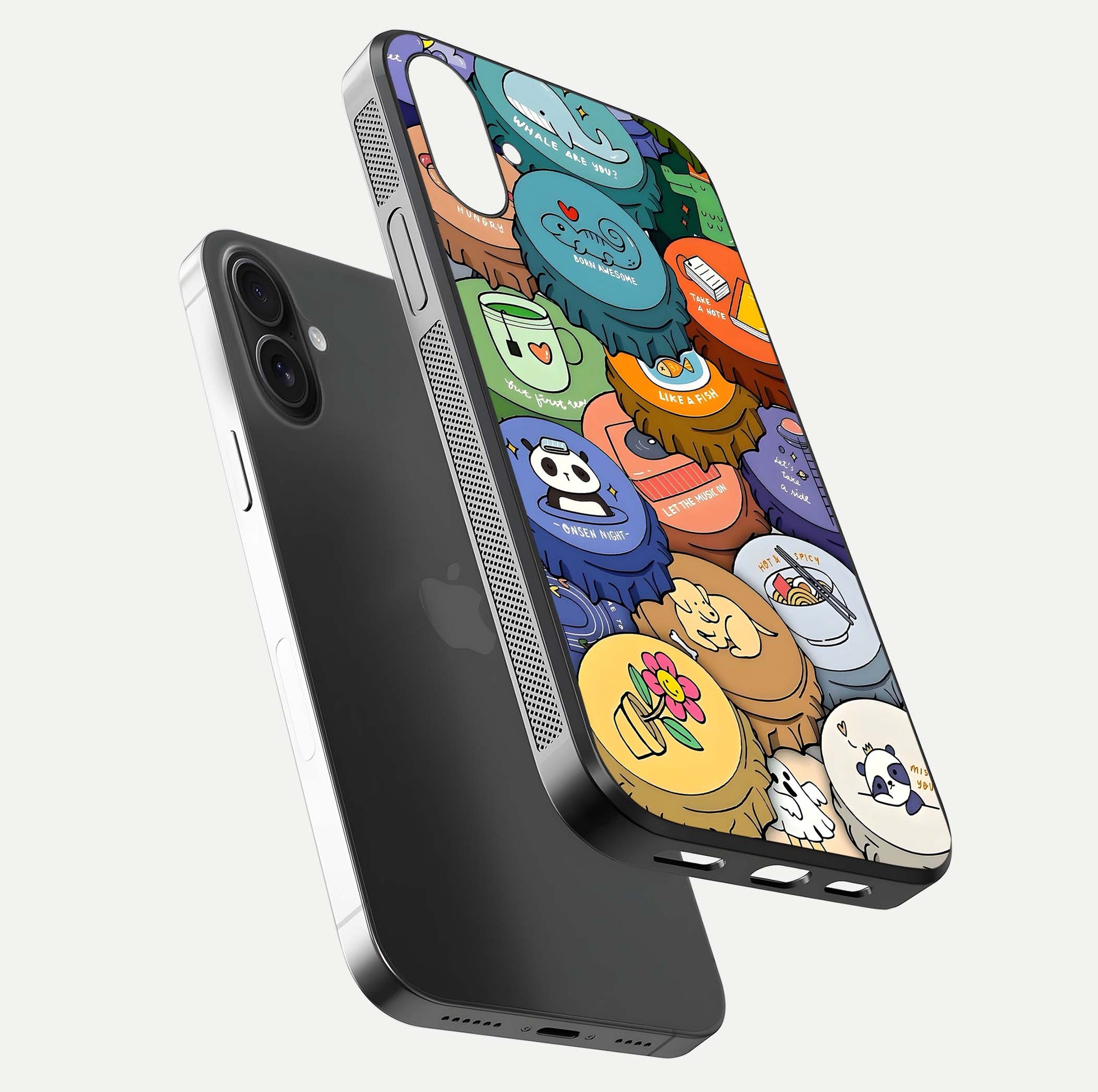 Coins Patterns Glass Case for iPhone 16 floating mockup showing reflection depth and smooth tone