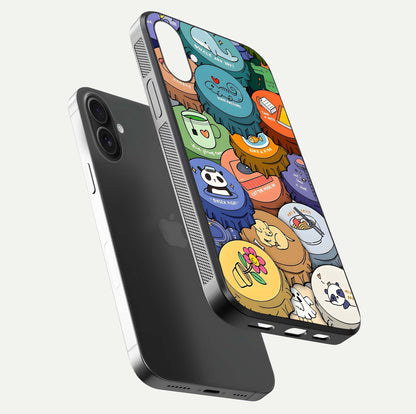 Coins Patterns Glass Case for iPhone 16 floating mockup showing reflection depth and smooth tone