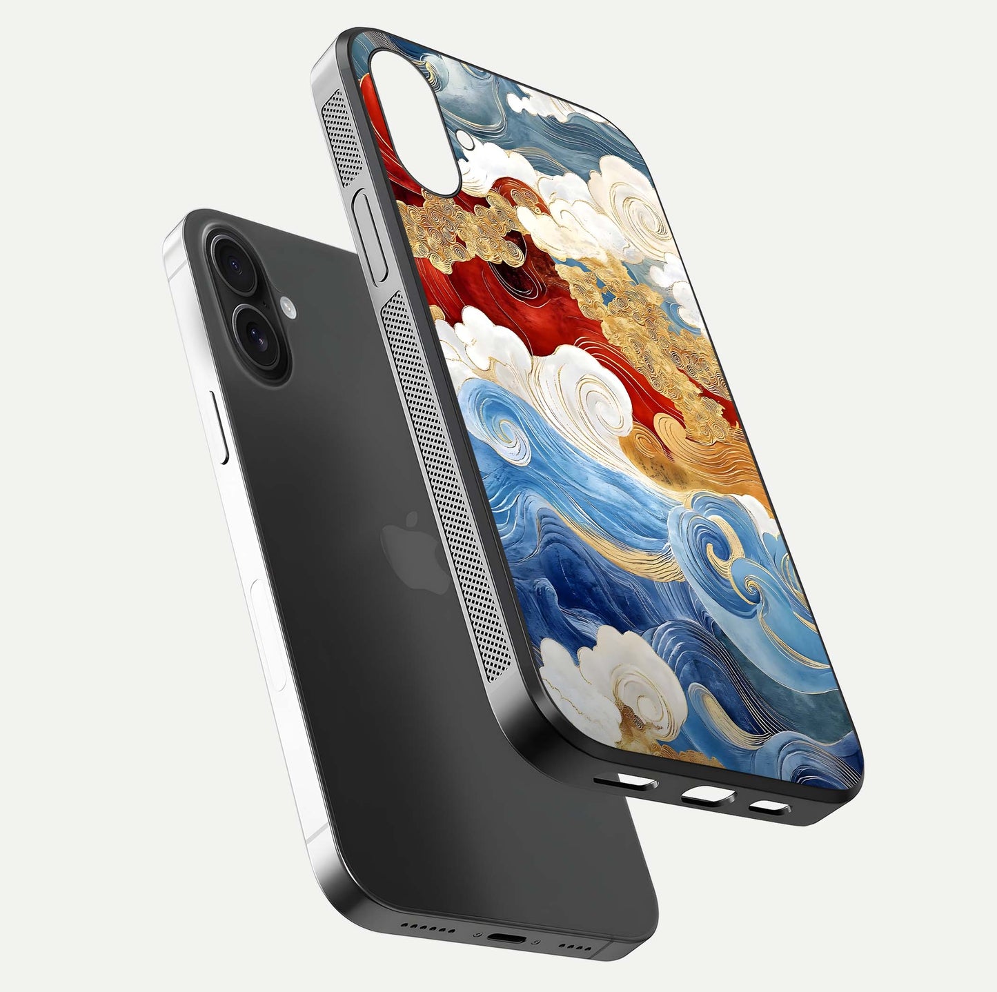 Colored Waves Glass Case for iPhone 16 floating dual-view mockup displaying gloss finish and color contrast
