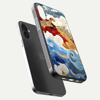 Colored Waves Glass Case for iPhone 16 floating dual-view mockup displaying gloss finish and color contrast