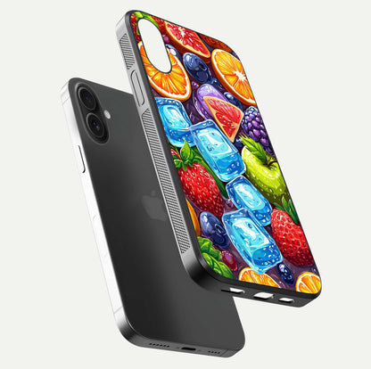 Colorful Fruits with Ice Glass Case for iPhone 16 floating mockup showing bright shine and crystal clarity