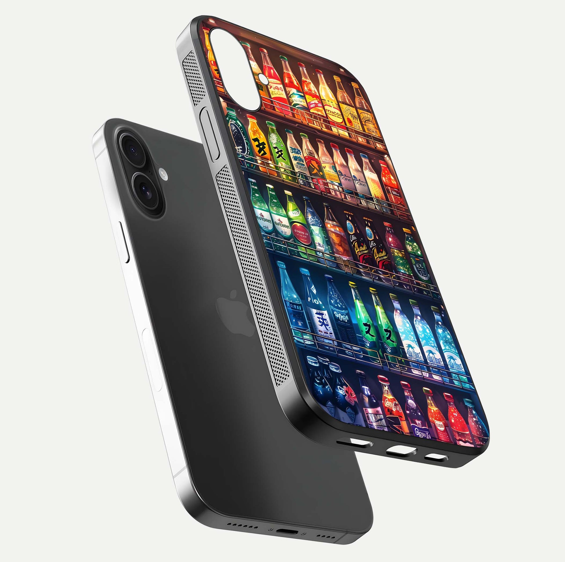 Colorful Soda Bottles Glass Case for iPhone 16 floating mockup showing light reflection and bright gloss