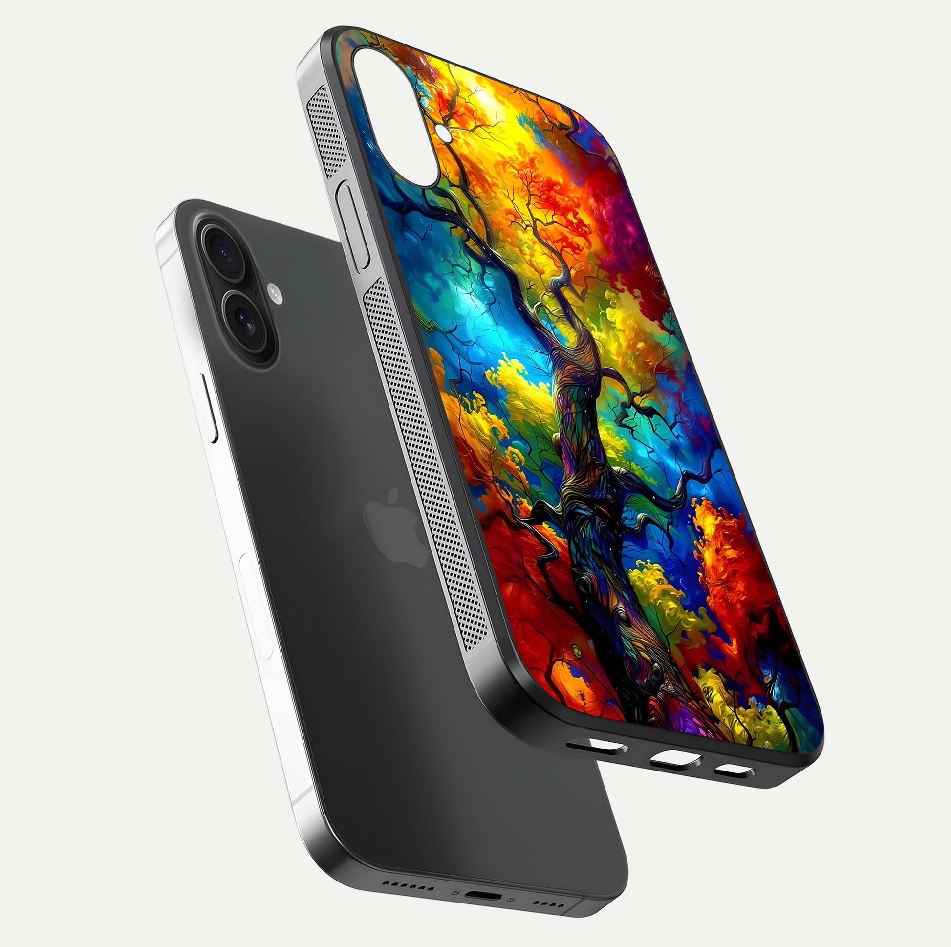 Colorful Tree Glass Case for iPhone 16 floating mockup showing reflection gloss and vivid hues