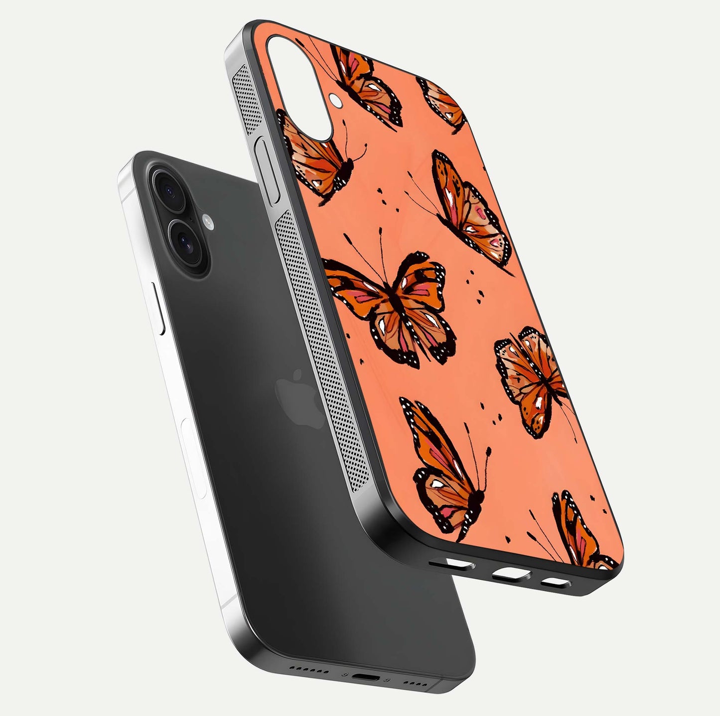 Coral Wing Butterfly Glass Case for iPhone 16 floating mockup showing HD gloss texture and vivid coral color