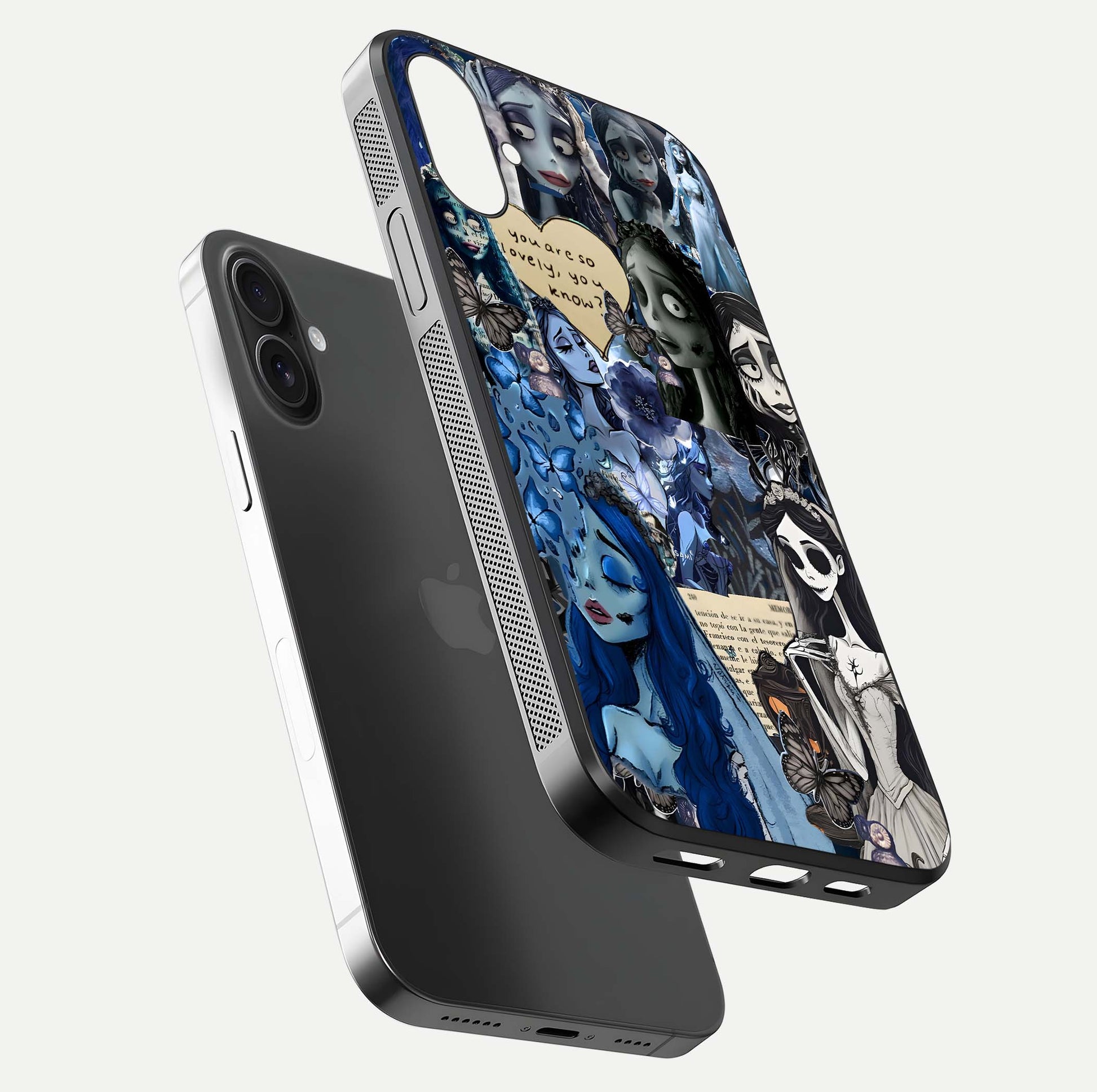 Corpse Bride Posters Glass Case for iPhone 16 floating mockup showing shine texture and clear design