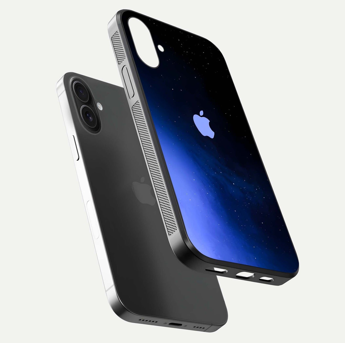 Cosmic Blue Apple Glass Case for iPhone 16 floating mockup showing HD gloss and deep space gradient