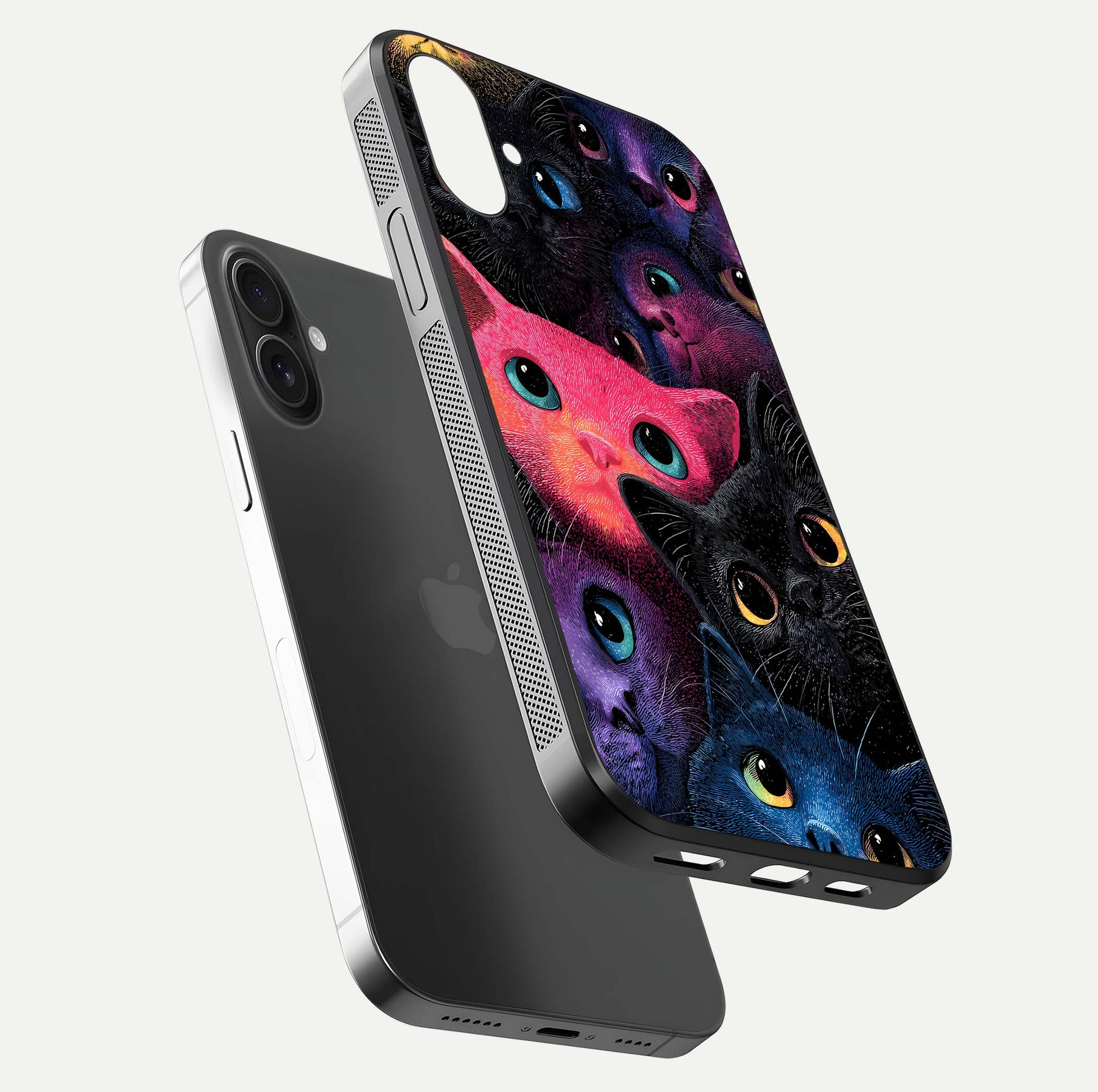 Cosmic Cats Dreams Glass Case for iPhone 16 floating mockup showing star details and polish reflection