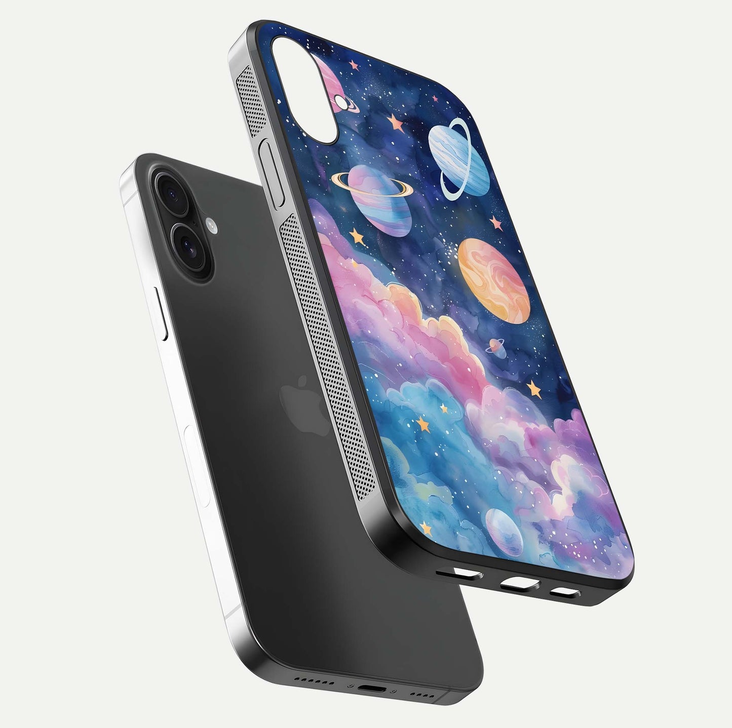 Cosmic Planet Dreams Glass Case for iPhone 16 floating mockup showing HD gloss and cosmic reflection
