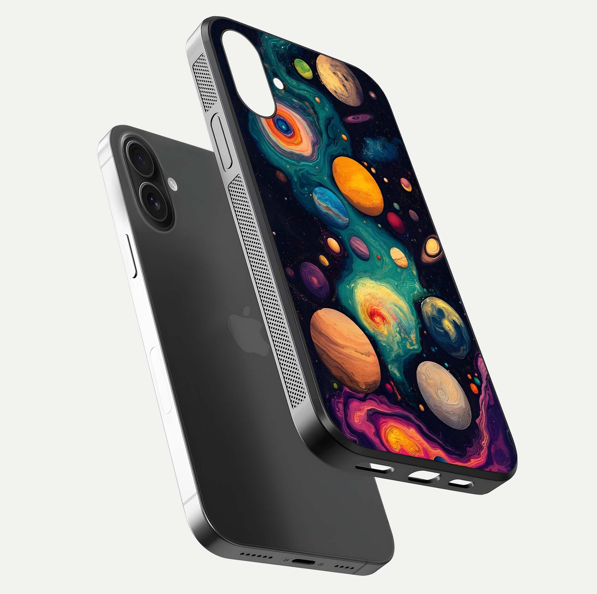 Cosmic Planet Journey Glass Case for iPhone 16 floating mockup showing gloss gradient and deep shine