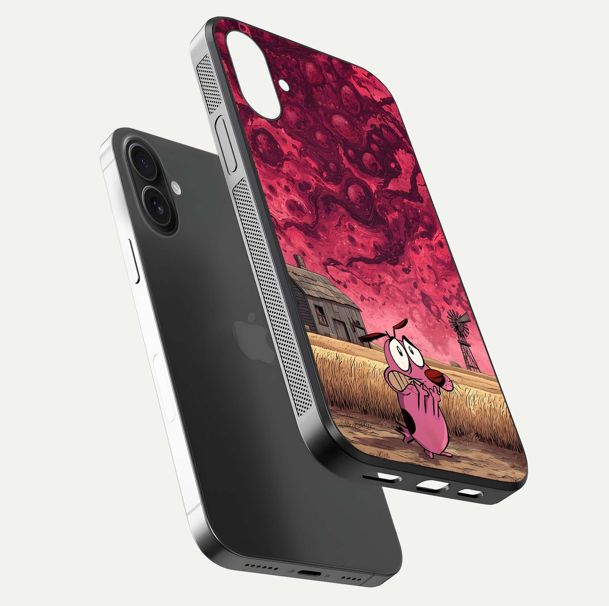 Courage Under Sky Glass Case for iPhone 16 floating mockup showing shine reflection and clean edges